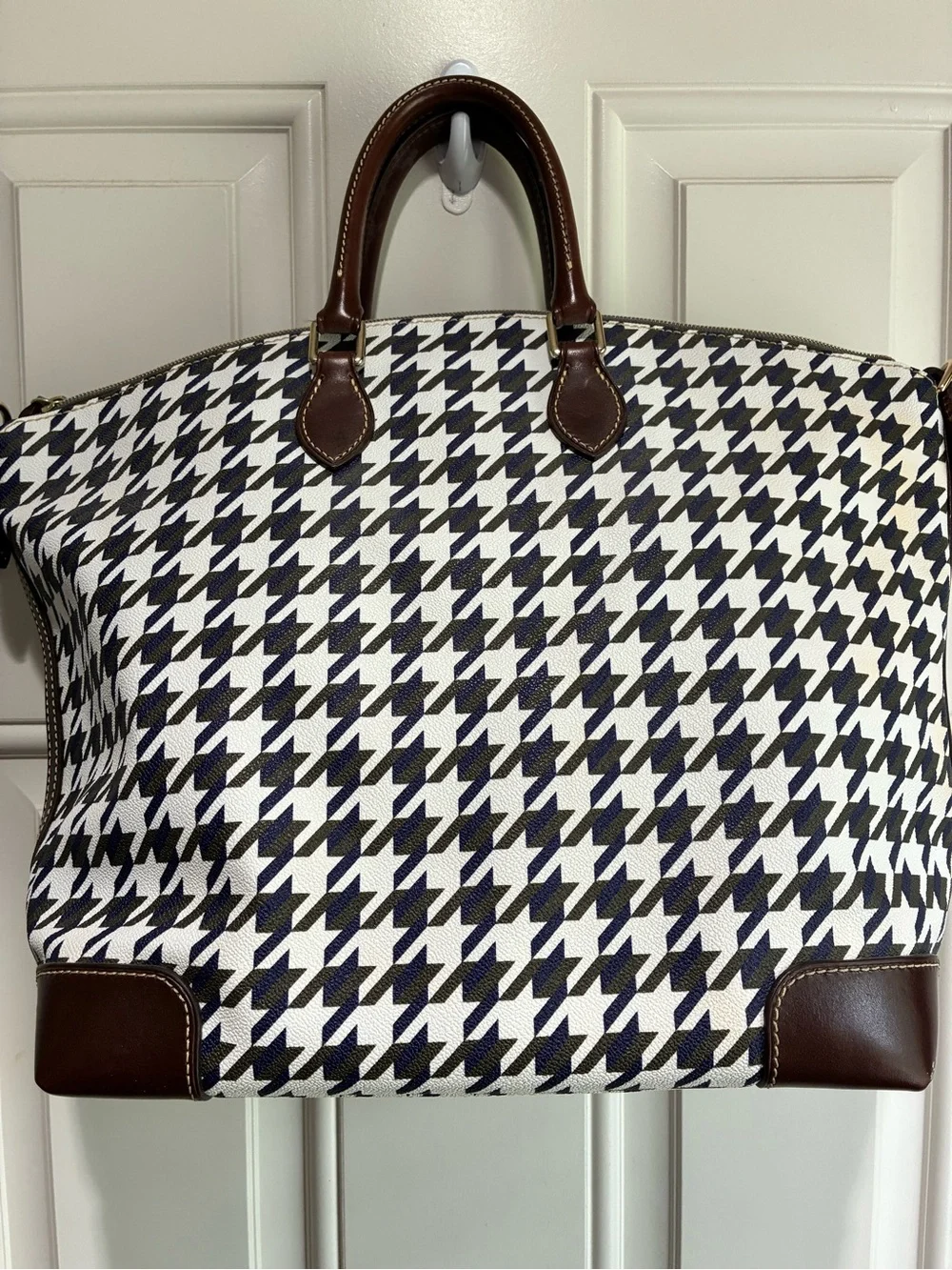 Dooney & Bourke Black and White Houndstooth Duffel with Brown Trim
